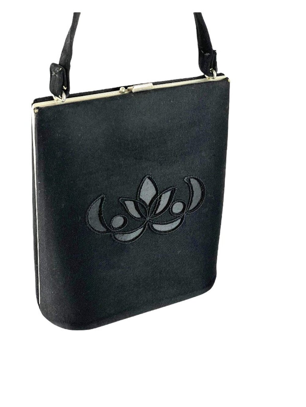 1950s black wool box purse with satin cut out flower